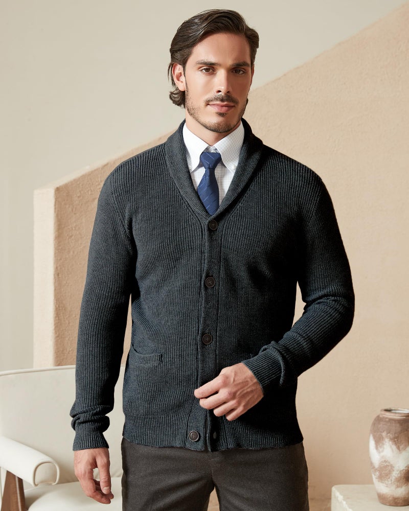 Kallspin Men's Wool Blend Shawl Collar Cardigan Sweater Button Down Knitwear with Pockets(Dark Grey, Large) - Image 5